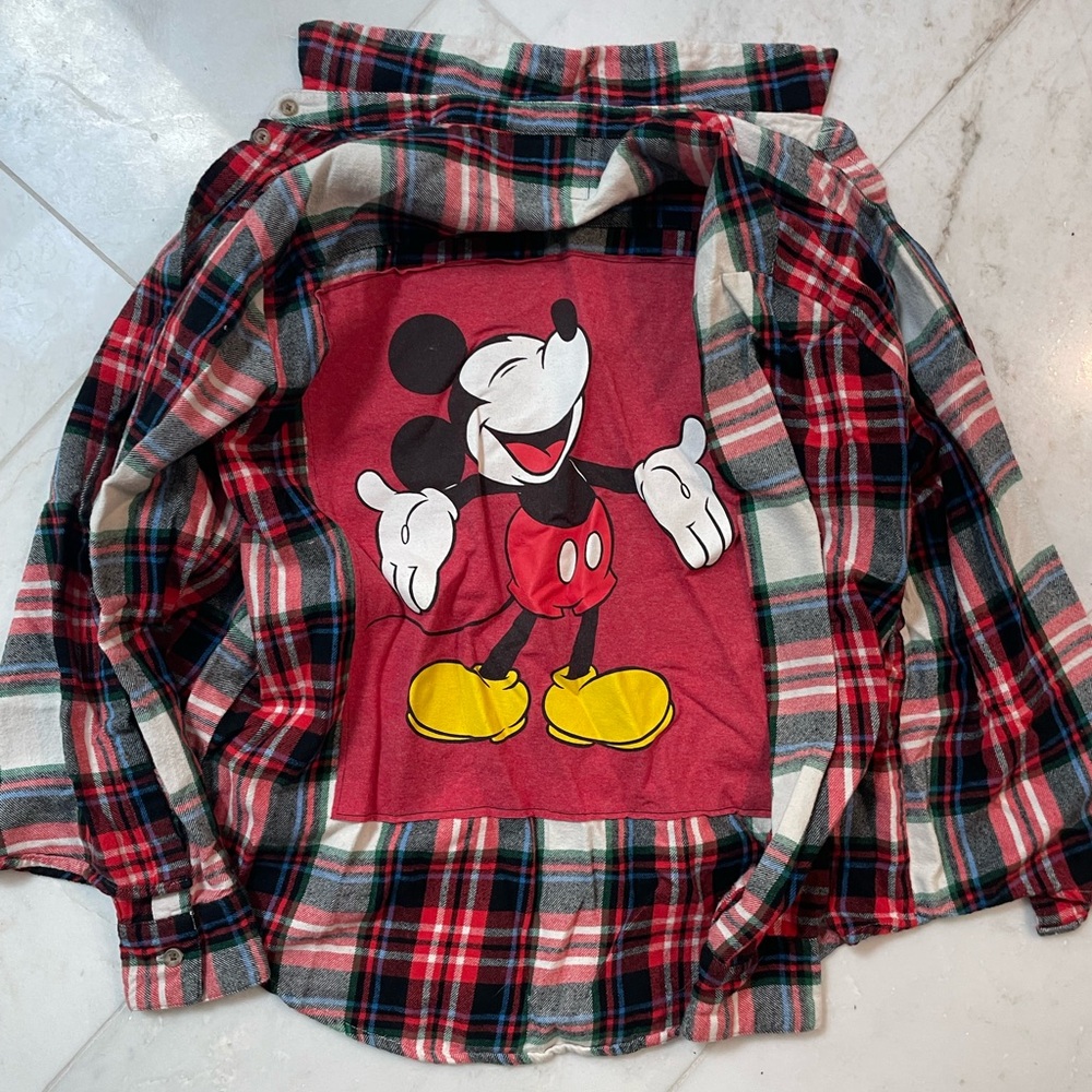 Mickey Mouse- flannel shirt, women’s small. Print on the back . Gently worn